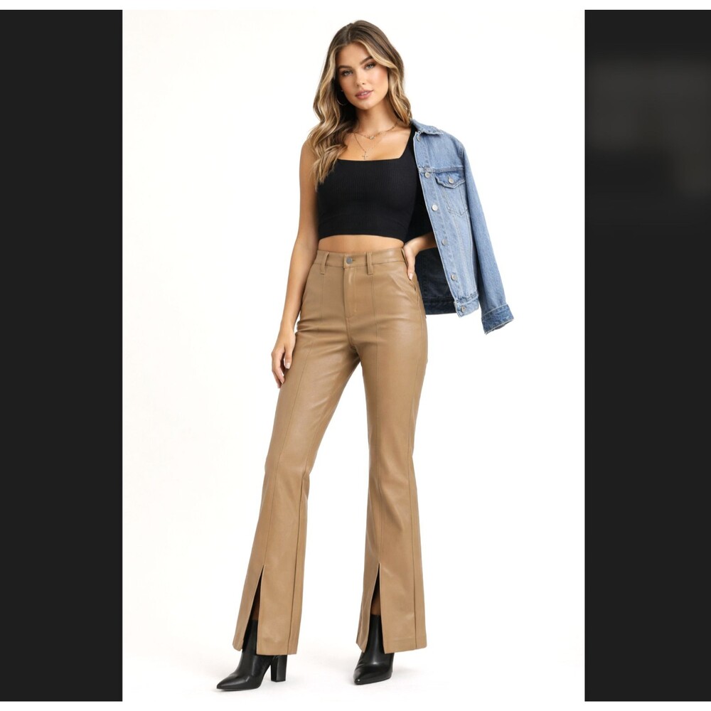 Kancan Faux Leather Bootcut Pants 13/30 Camel Tan High Rise Flared Slit Pocket